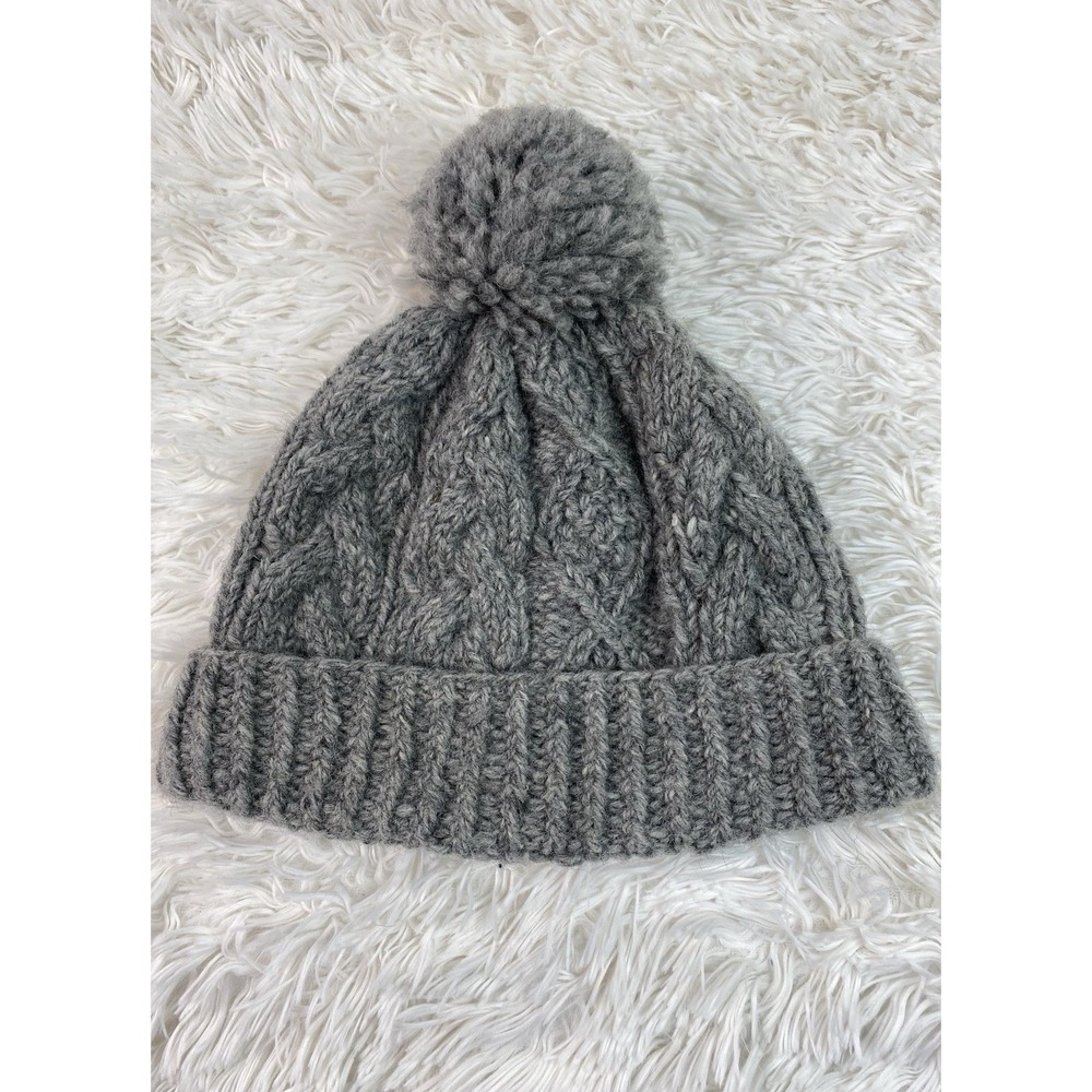 Aran Sweater Market Gray Unisex Wool Cable Knit Lined Pom Beanie Hat